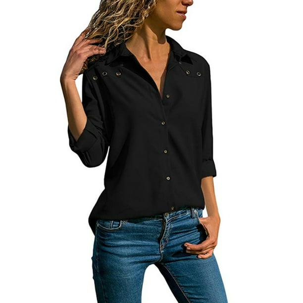 Women Long Sleeve V-neck Loose Tops T Shirt OL Ladies Plain Casual Button Blouse